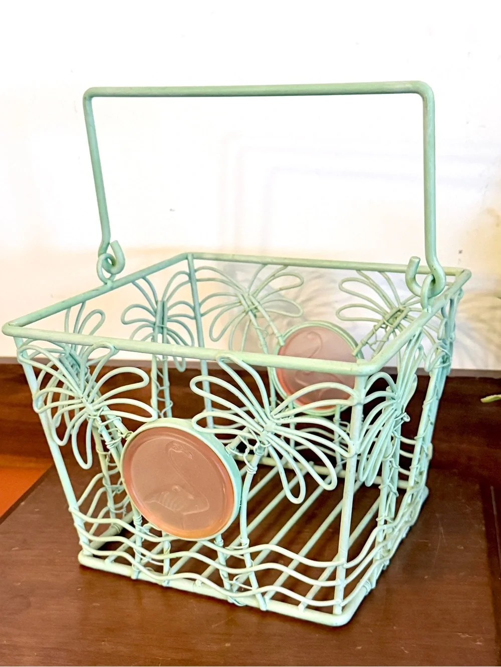 Vintage Mint Green Palm Tree Wire Basket Pink Flamingo Glass Retro Boho Decor